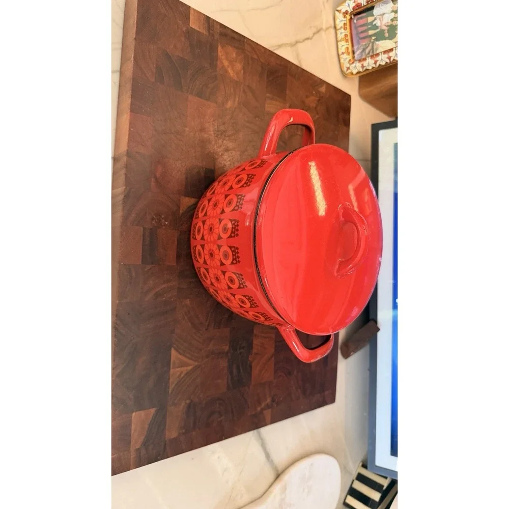 Vintage KAJ FRANCK Arabia Finel Red Flowers Enamel pot w/lid Finland MCM  2.5 l